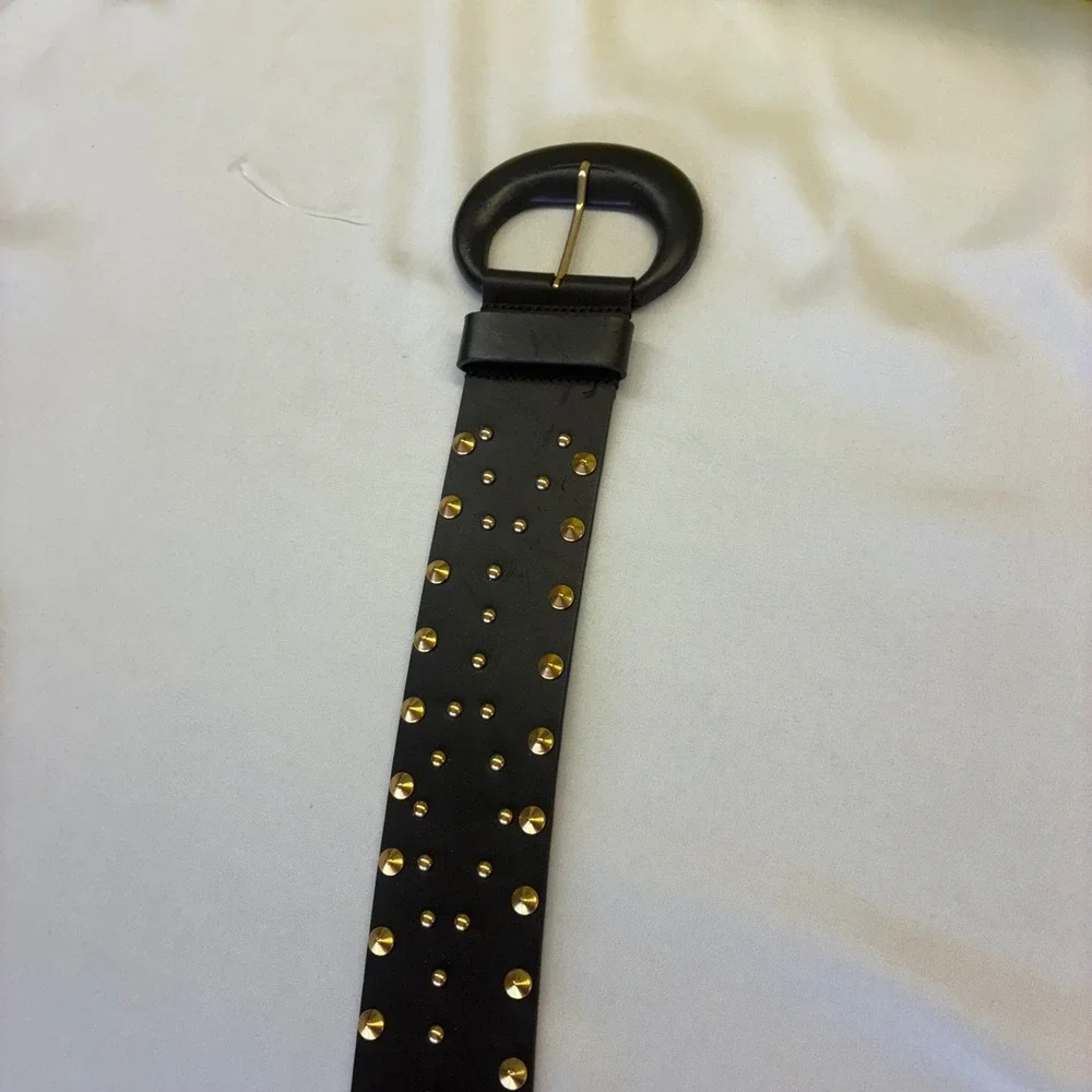Carlisle Wide Studded Belt Womens M‎ Black Leather Gold Studs Made in Italy